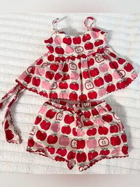 SweetHoney Girls Apples Print Pink & Red tie back shorts set